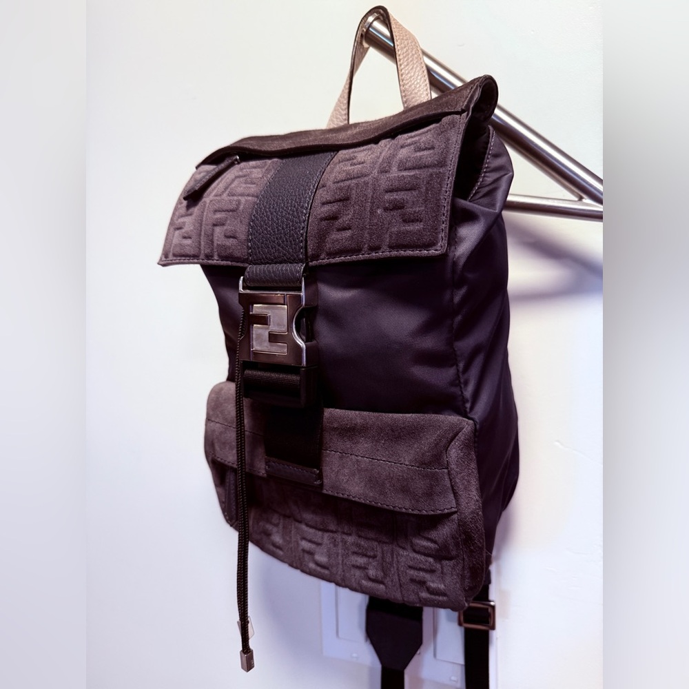 FENDI - FENDINESS SMALL BACKPACK / NYLON & SUEDE / STONE GREY